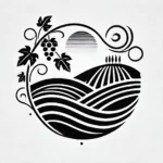 Abstract vineyard landscape design with sun and grapes.